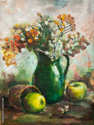 Nowoczesny obraz na płótnie Oil painting. Still life with two apples and jug