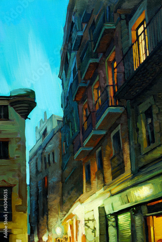 Board z aluminiowym obramowaniem Wieczór w gotyckiej dzielnicy barcelona, ​​malarstwo, ilustracja