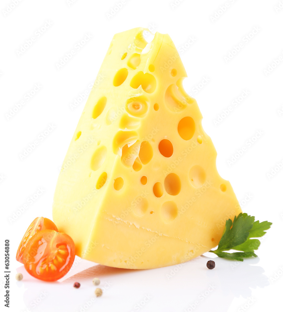 Piece of cheese and tomatoes, isolated on white