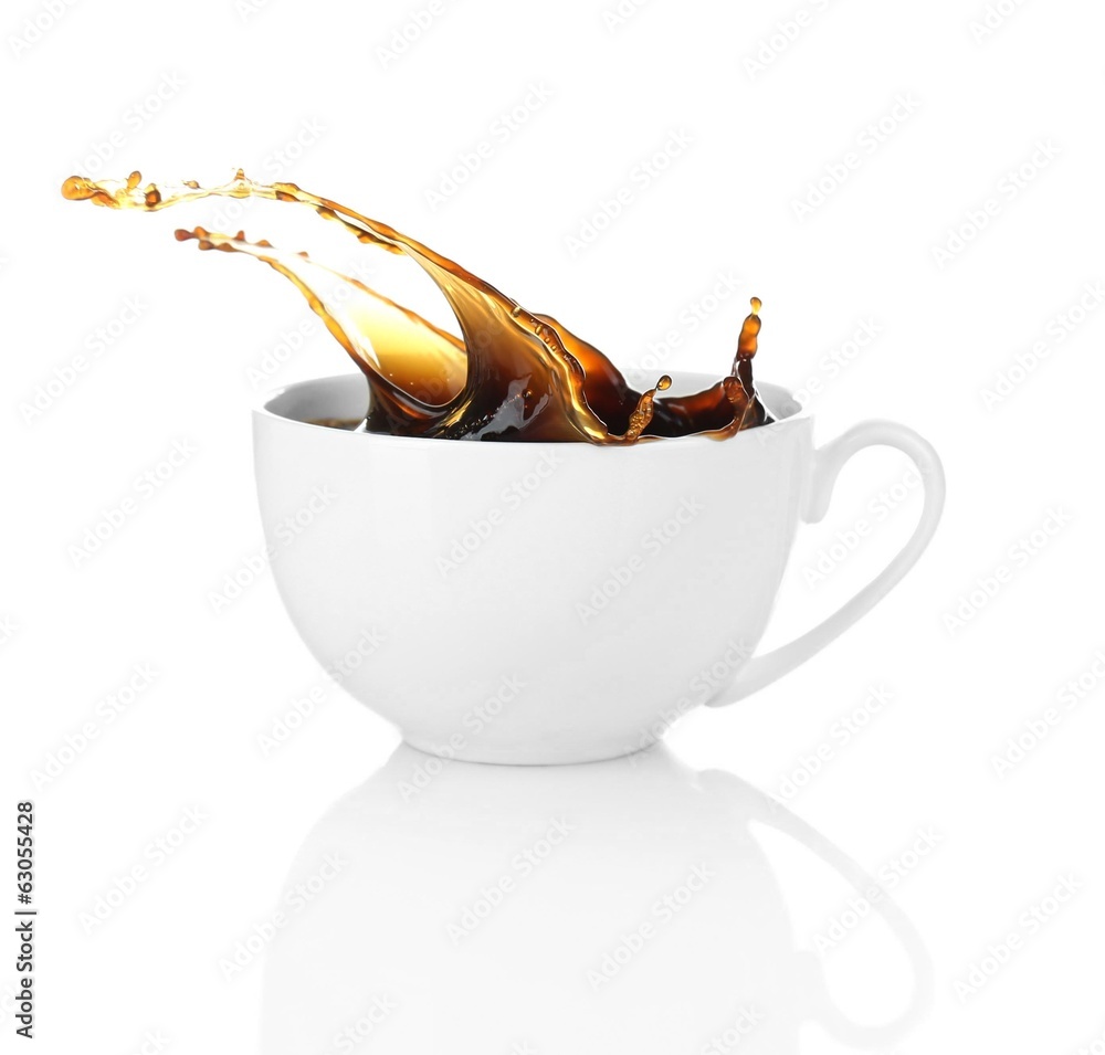 Cup of coffee with splash, isolated on white