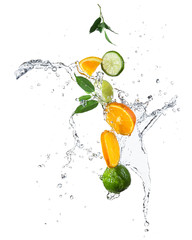 Wall Mural - Pieces of oranges and limes in water splash