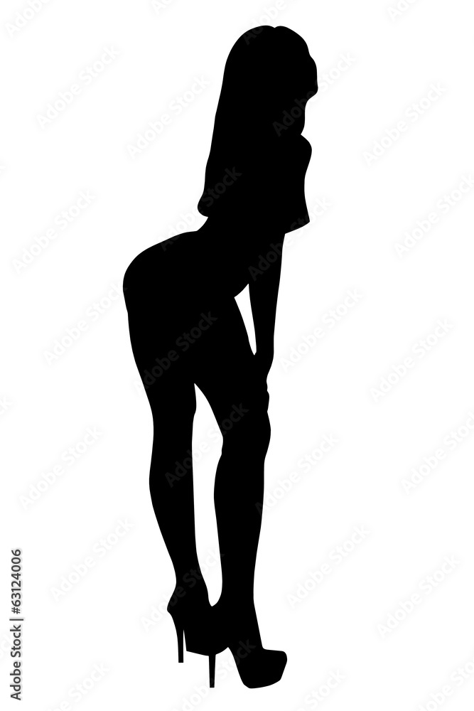 Czarny zarys sylwetki kobiety w tanecznej postawie, na białym tle. - obrazy, fototapety, plakaty 