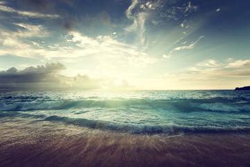 Wall Mural - sunset on seychelles beach