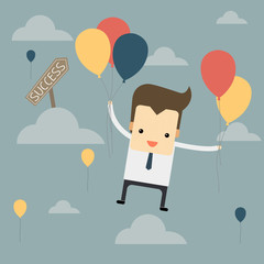 businessman fly with balloon to success way