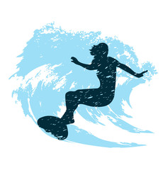 Wall Mural - silhouette of a surfer in grunge style splashes