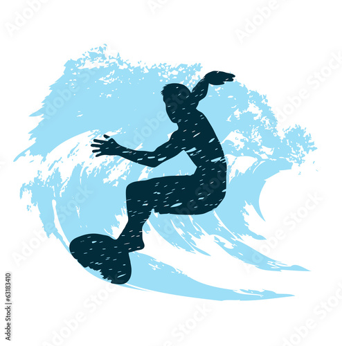 Plakat na papierze fotorealistycznym Sylwetka surfer w stylu grunge rozprysków