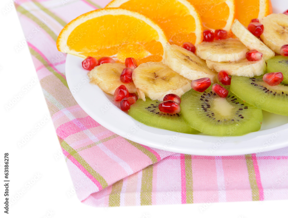 Sweet fresh fruits on plate on table close-up