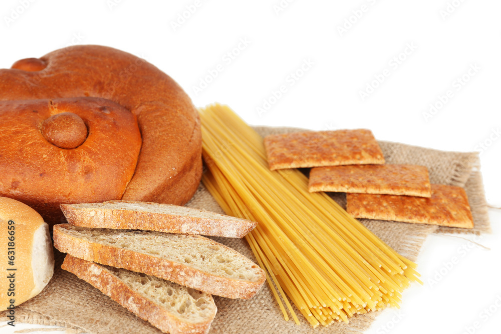 Tasty flour products isolated on white