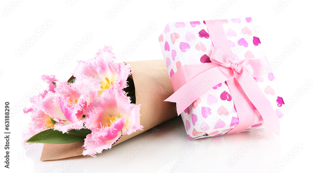 Beautiful tulips and gift box, isolated on white