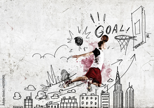 Plakat na zamówienie Gracz koszykówki na tle miasta - rysunek