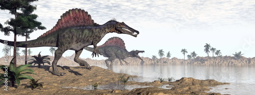 Fotoboard na płycie Dinozaury spinosaurus w pustyni - 3d render