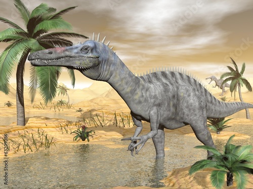 Fotoboard na płycie Suchomimus dinozaury w pustyni - 3d render