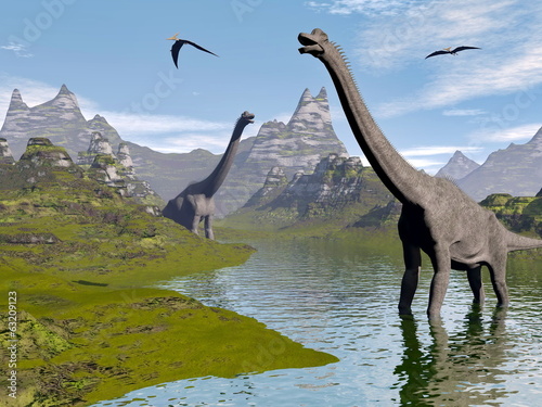 Fotoboard na płycie Brachiosaurus dinozaury w wodzie - 3d render