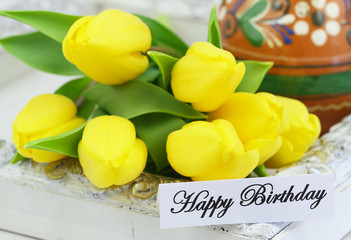 Wall Mural - Happy Birthday card with yellow tulips