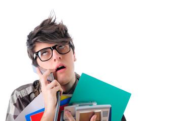 Wall Mural - Bored employee on the phone, isolated on white