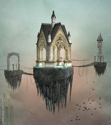 Obraz na płótnie canvas dwuczęściowy "dyptyk" Fantasy latające miasto
