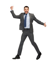 Sticker - smiling businessman jumping and showing thumbs up