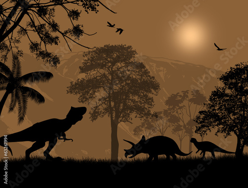 Fotoboard na płycie Sylwetki dinozaurów w piękny krajobraz