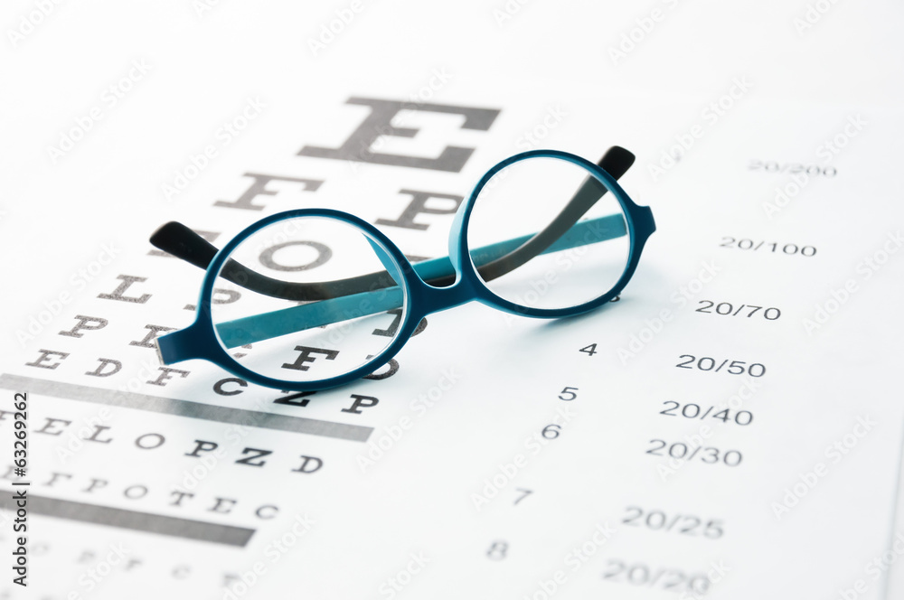 Glasses on eye chart - obrazy, fototapety, plakaty 