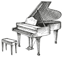Vector Drawing Of Open Grand Piano And Stool For Musician