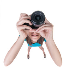 young woman in shorts photographed something compact camera.