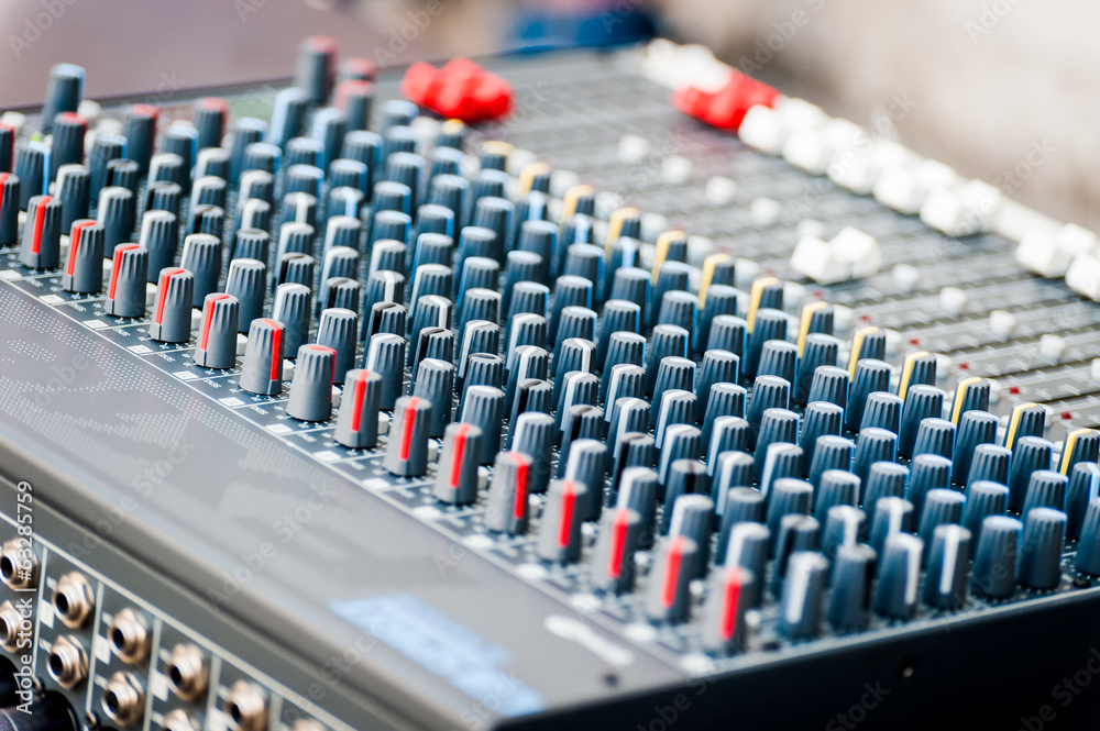 Close Up Of Sound Mixer  Control Panel  With Many Controls 