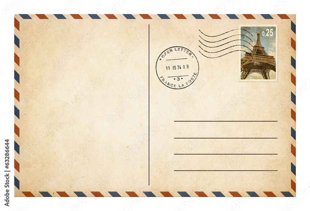 Old style postcard or envelope with postage stamp isolated の 