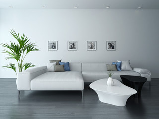 Wall Mural - Living room interior with white couch and portraits on wall