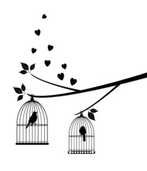 Sticker - vector birds in cage in the tree with hearts