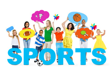 Sticker - Cheerful Children and Women in a Photo with Concept of Sports