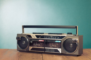 Poster - Retro double cassette tape recorder on table