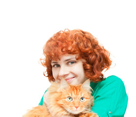 Wall Mural - curly red-haired girl with a red cat isolated on white