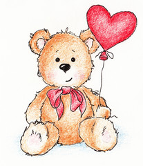 Wall Mural - teddy bear with heart balloon