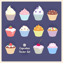 Set Of Assorted Vector Cupcakes On Dark Background.