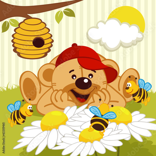 mis-oglada-pszczoly-na-stokrotce-wektorowa-ilustracja