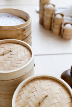 Steamed Chinese Bun In Bamboo Basket