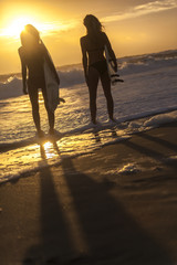 Beautiful Bikini Women Surfers & Surfboards At Beach