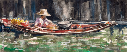 Naklejka na kafelki Woman selling a food on floating market in Thailand.Watercolors.