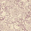 purple and beige birds and peonies