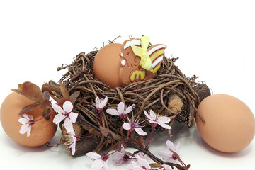 Wall Mural - eggs in a nest with ceramic hen and blossom