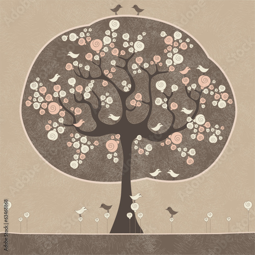 abstrakcjonistyczny-drzewo-z-ptakami-i-rozami-ilustracji-wektorowych