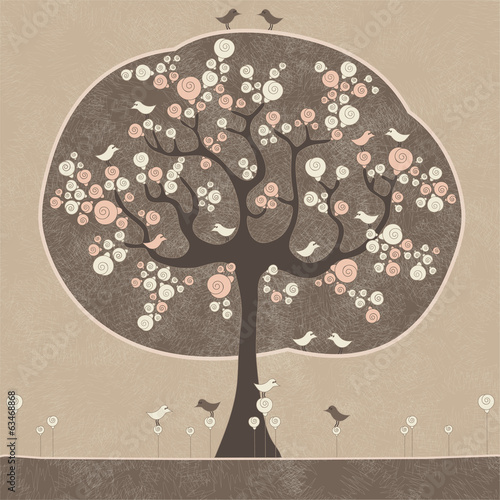 Obraz w ramie Abstract tree with birds and roses. Vector illustration