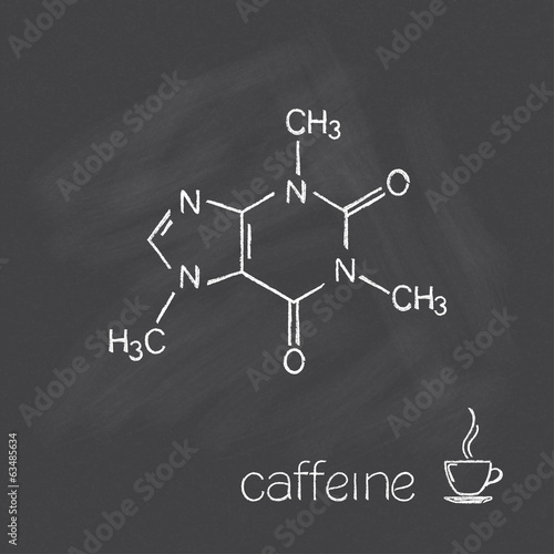 Fotografie, Obraz Caffeine molecule and cup of coffee chalked on blackboard