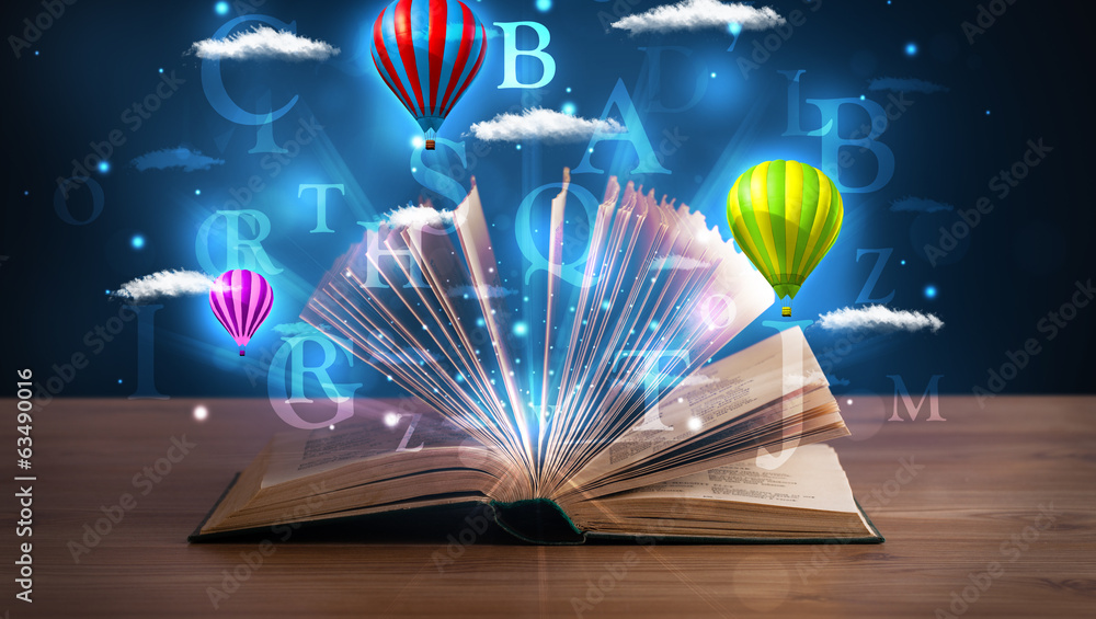 Open book with glowing fantasy abstract clouds and balloons - obrazy, fototapety, plakaty 