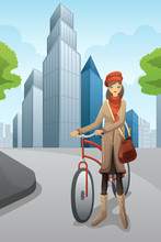 Woman With A Bike In The City