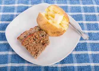 Wall Mural - Meatloaf and Baked Potato on White Plate