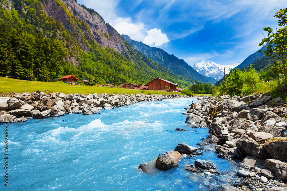 Swiss landscape with river stream and houses - obrazy, fototapety, plakaty 