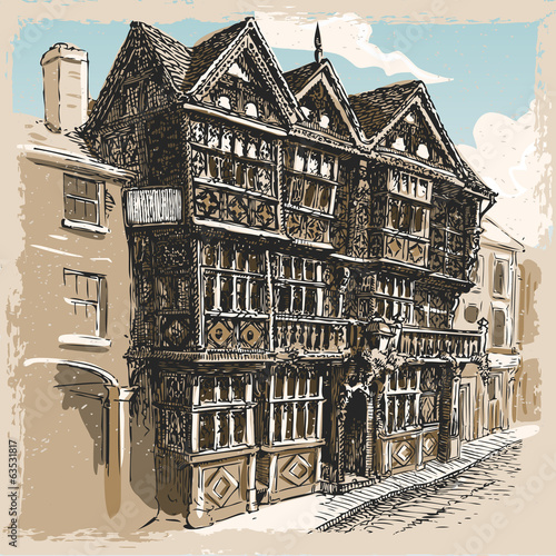 Obraz w ramie Vintage View of Feathers Hotel at Ludlow in England