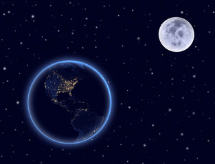 Planet earth and moon on night sky. North and South America.