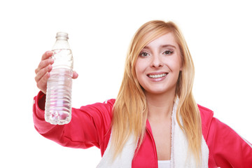 Fitness woman sport girl with towel and water bottle isolated